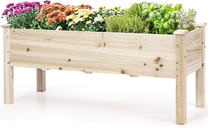 COSTWAY Raised Garden Bed Elevated Wooden Planter Box Stand for Vegetables Fruit Herbs Flower Standing Gardening Box for Backyard Patio Balcony Greenhouse