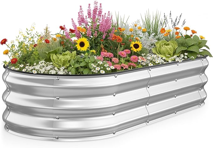 Kesfitt Raised Garden Bed 5x2x1 FT Galvanized Steel Metal Raised Garden Bed Oval Open-Bottom Design 12-Inch Deep for Outdoor Vegetable &amp Herb Gardening Silver