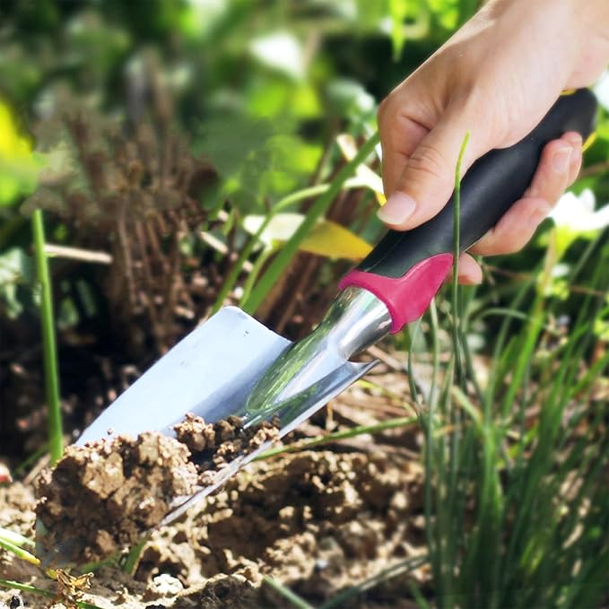 Qulable Tools Gardening Hand Tools 3 Piece Set - Heavy Duty Garden Trowel Transplanter Hand Rake - Comfort Grip Handle - Rust-Proof Design Cultivator Garden Hand Shovel