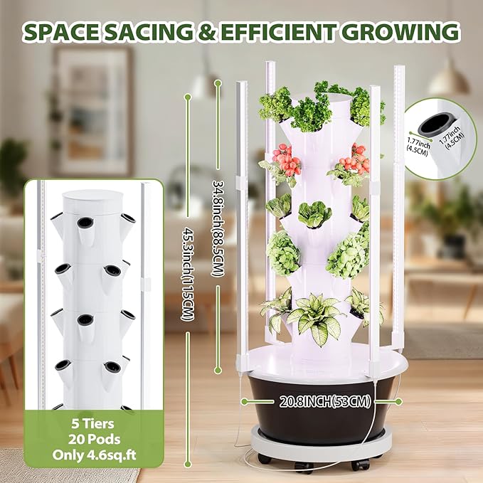 SPECILITE Hydroponics Growing System Kit with Full-Spectrum Grow Light Movable Hydroponic Tower with 5 Tiers 20 Pods Vertical Indoor Gardening System with Pump &amp Timer for Vegetables Fruits He