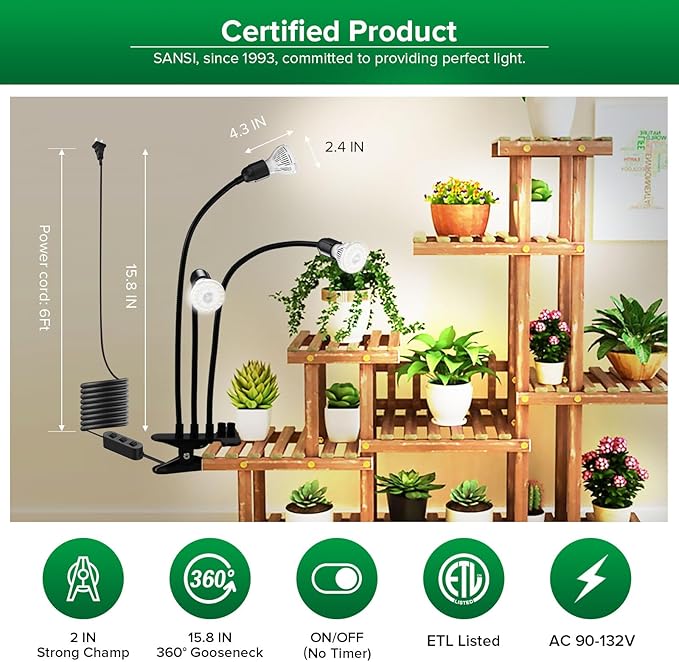 SANSI LED Grow Lights for Indoor Plants 450W Full Spectrum 3-Head Gooseneck Grow Lamp with Ceramic Tech. 30W Power Clip-on High PPFD Plant Light with Optical Lens Lifetime Free Bulb Replacement