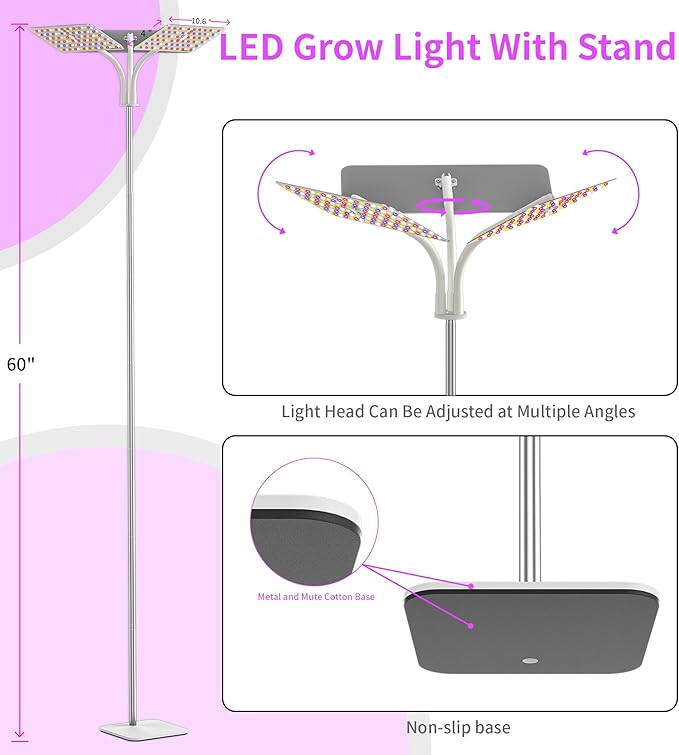 KINGPLUS Grow Lights with Stand Three Heads Full Spectrum LED Grow Light for Indoor Plants 360 Leds 4 Dimmable Levels Timer 4/8/12h 12-60inches Height Adjustable 48w Ideal for Desk Small Plant
