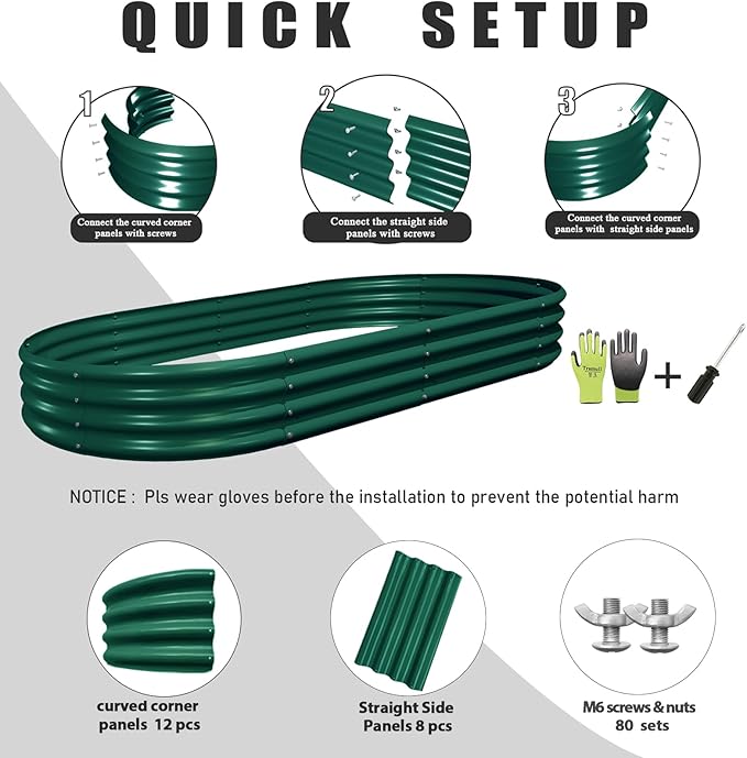 8 Pack 8x4x1FT Galvanized Raised Garden Bed Kit Oval Metal Ground Planter Box Outdoor Bottomless Planter Raised Beds for Vegetables Flowers Herbs Fruits Green