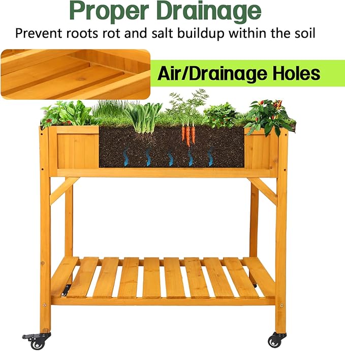 Elevated 8 Pocket Herb Garden Bed Mobile Raised Customizable Wood Planter for Herbs Vegetables Flowers w/Lockable Wheels Storage Shelf Drainage Holes (36 L x24 W x34 H)