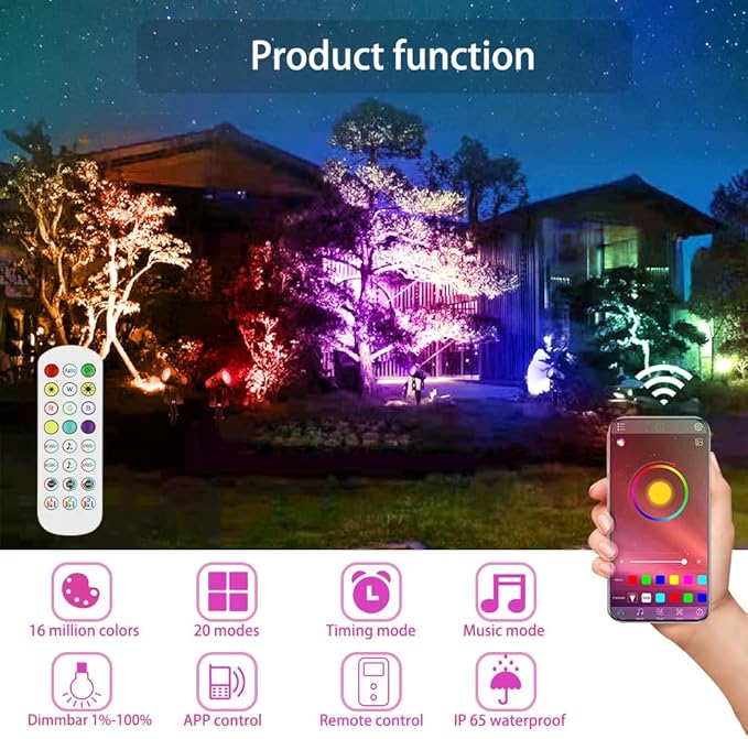 Smart Landscape Lighting COB Low Voltage Landscape Lights RGB Warm White LED Bluetooth Spotlights APP Control 12V 18W Outdoor Yard Spot Lights with Spike Stand Waterproof Garden Light Music Sync