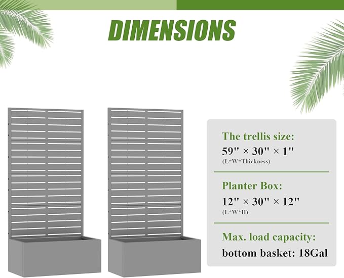 Casaphoria 60x30 Metal Raised Garden Bed with Trellis(2 Pack) Outdoor Planter Box with Wheels &amp Drainage Holes for Climbing Plants Flowers Elevated Garden Kit with Privacy Screen Grey-Louver