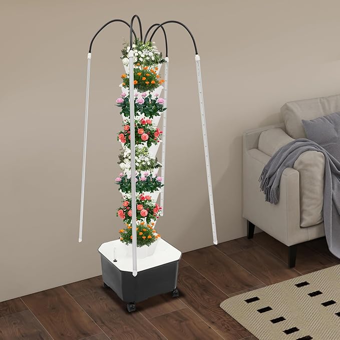 Hydroponic Growing System Tower 80W 40 Plants 8-Layer Hydroponic Tower with LED Light Vertical Hydroponics Garden Tower for Herbs Vegetables Fruits with Pump &amp Water Level Gauge (White)