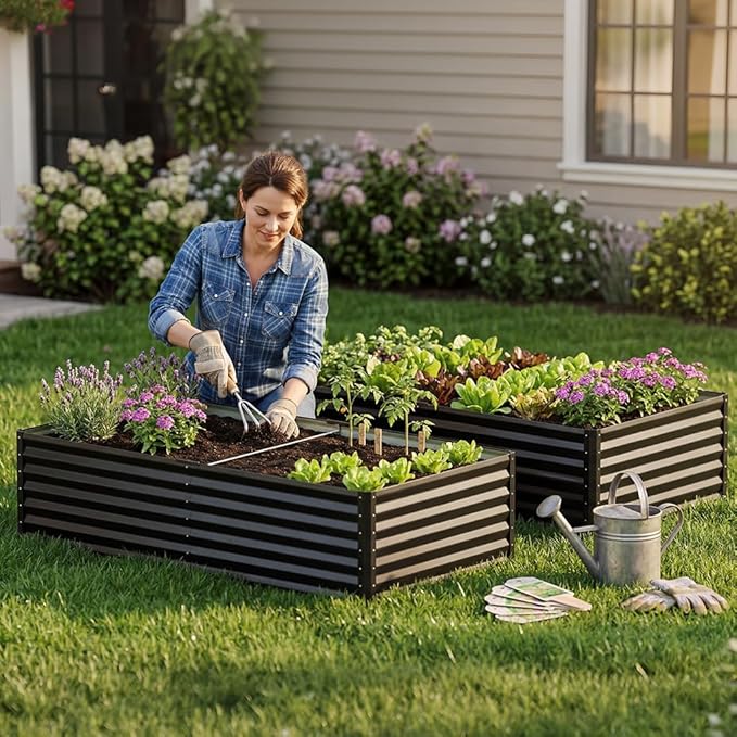 COMHOMA Galvanized Raised Garden BedLarge Metal Planter Box for Outdoor VegetablesCorrugated Steel Herbed Plants ContainerExtra Deep Gardeners Kits with Open Bottom (2 8x4x2FT)
