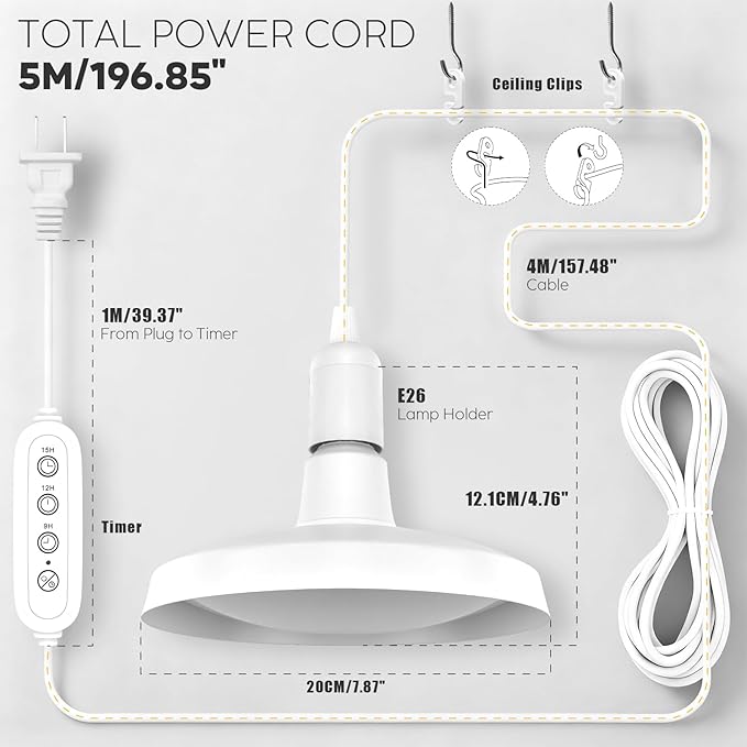 Hanging Grow Lights for Indoor Plants 30W Full Spectrum with Timer and 16.4FT Power Cord Pendant Plant Lights for Indoor Growing Large Tall Plant Garden Flowers Greenhouse