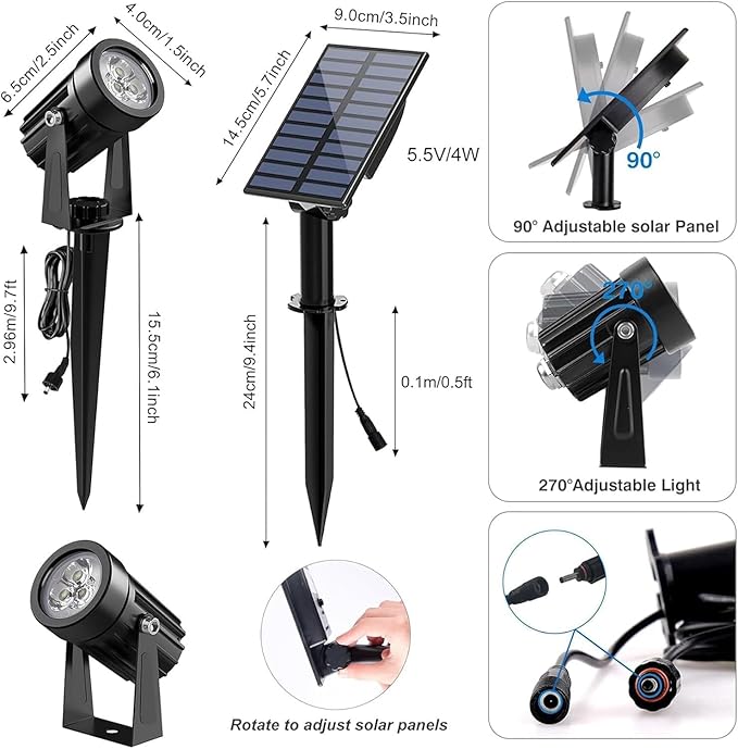 Solar Spot Lights Outdoor Solars Landscape Spotlights IP65 Waterproof 9.8ft CableAuto On/Off Outdoor Wall Lights for Garden Yard Driveway Porch Walkway Pool(White)