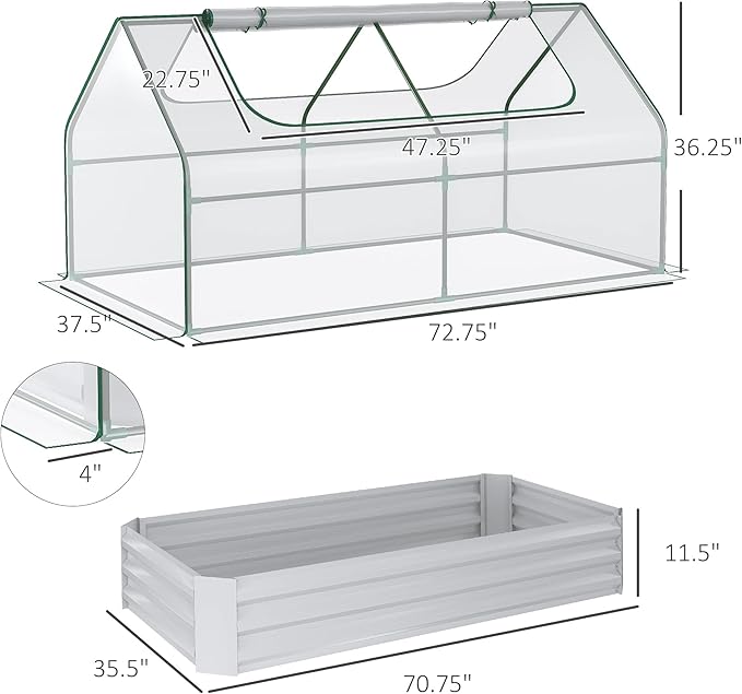 Outsunny 6 x 3 x 1ft Raised Garden Bed with Mini Greenhouse Galvanized Raised Garden Bed with Cover for Herbs and Vegetables Small Greenhouse for Patio Garden Balcony Clear and Light Gray