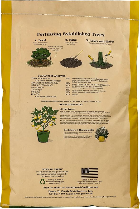Down To Earth All Natural Fertilizers Organic Citrus Mix - Plant Food for Lemons Limes Oranges and Avocados 6-3-3 25 lb