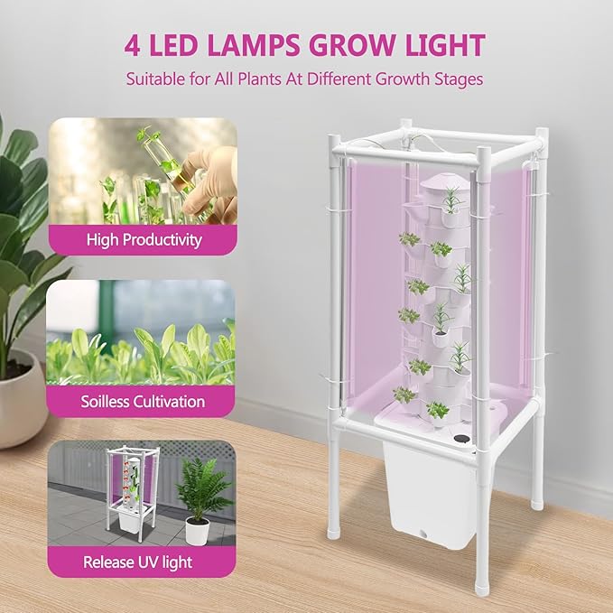 Hydroponic Tower Growing System Kits with LED Grow Lights 30 Pods Indoor Vertical Planter Germination Kit 6 Layers Hydroponic Tower for Fruits Vegetables Herbs and Miniature Greens (White)
