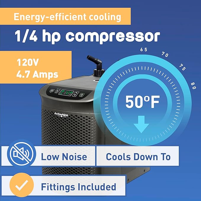 Active Aqua Hydroponic Water Chiller w/ Boost Function 0.25 HP - Adjustable Cooling System for 40-92 Gallon Reservoirs Pure Titanium Evaporator Cooler for Aquaponics Cold Plunge Baths &amp Aquariu