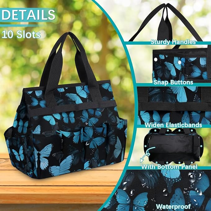 Butterfly Blue Gardening Tool BagHeavy Duty Garden Tote BagPortable Oxford Gardening Storage Basket Organizer Handbag with Pockets HandleHand Tools Gifts for Outdoor Garden Lawn Yard