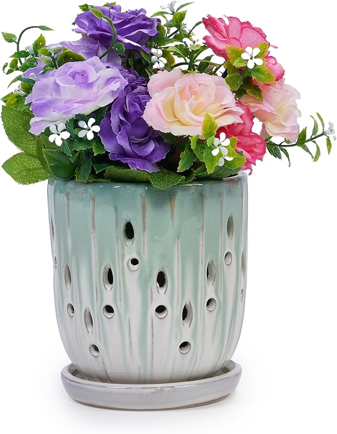 Handmade Green White Gradient Ceramic Planter Set (7.48×5.51 8.07×6.1) Indoor Outdoor Flower Pots for Orchids Succulents by Window Breathable Holes Lightweight