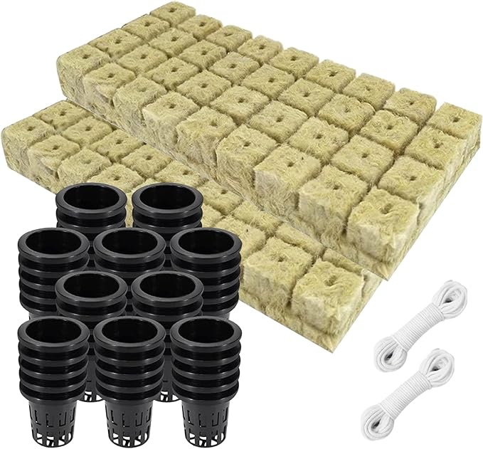 Rockwool Cubes Hydroponic Growing System with Net Pots - 72 Plugs 50 Cups &amp 20m Wick for Hydroponics