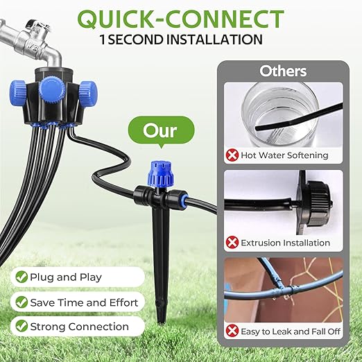 HIRALIY 50FT Garden Drip Irrigation Kit Automatic Watering System with 5-Way Connector Quick Connectors Adjustable Drippers Raised Bed Patio
