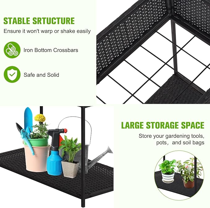 Kinsuite Rattan Raised Bed Planter - Elevated Wicker Planter Box with Tool Storage Shelf Garden Bed for Herbs Vegetables Flowers for Outdoor Indoor Black