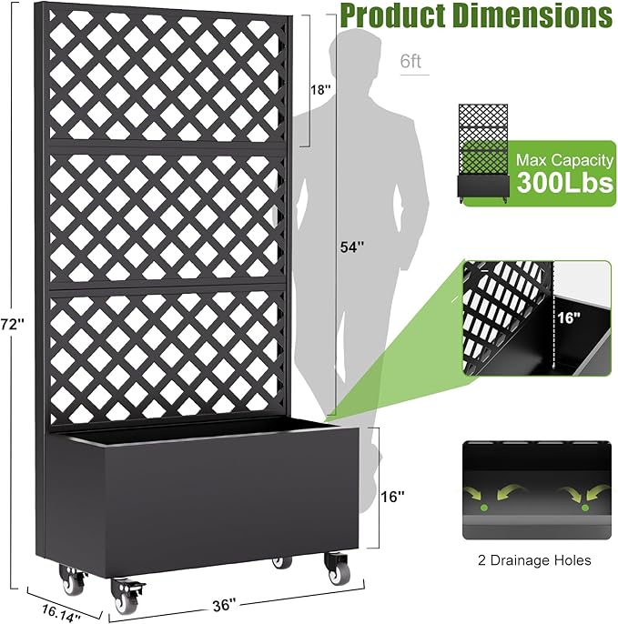 Metal Planter Box with Trellis and WheelsRaised Garden Bed with Trellis72 Tall Privacy Screen with Planter Box and Drainage HolesPlant Trellis for Climbing Plants OutdoorVegetablesVines