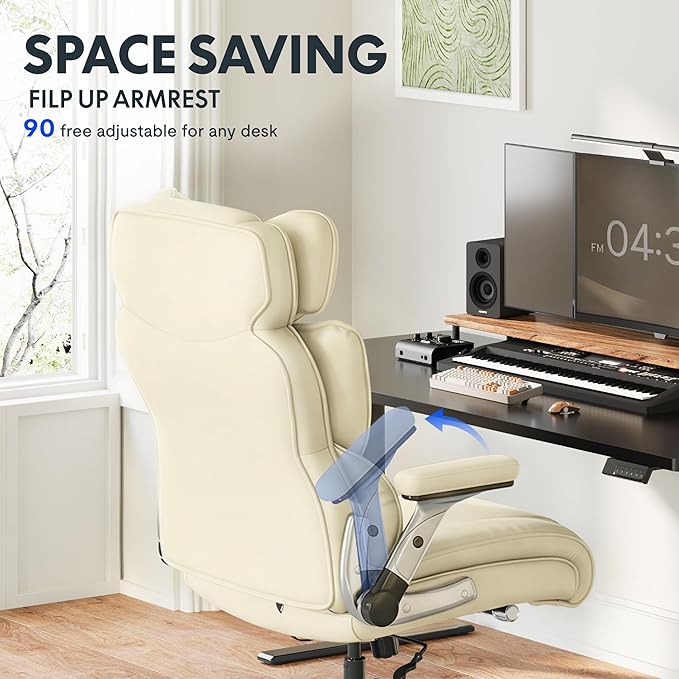 FLEXISPOT 600lbs Big and Tall Office Chair for Heavy People Heavy Duty Computer Desk Chair with Dynamic Lumbar Support 2D Armrest Blade Wheels Chairs for Home Office Gaming Working Leather Beige