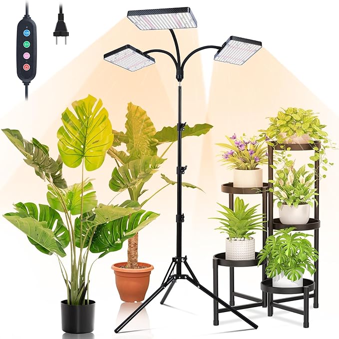 3Head Grow Light with Stand 75 Watt Bright Enough and Big Coverage Natural Sunlight Full Spectrum Plant Growing Lamps for Tall&ampLarge Indoor Plants Bonsai Tree 4/8/12/16/20H 5-Mode Timer