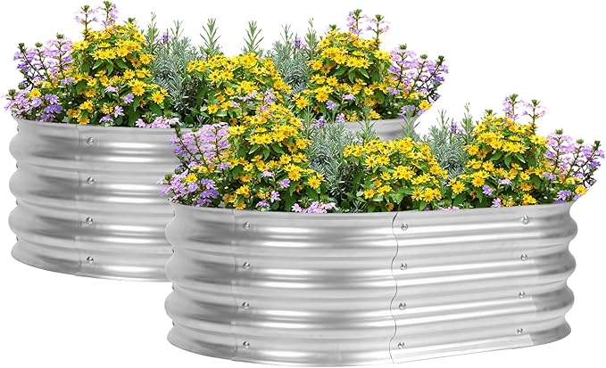 2 Pack 3 x 2 x 1 Ft Galvanized Raised Garden Bed Kit Outdoor Oval Planter Box for Vegetables Flowers Herbs Deep Rooted Silver