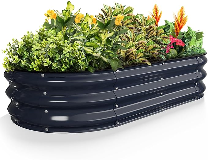 Kesfitt Raised Garden Bed 4x2x1 FT Galvanized Steel Metal Raised Garden Bed Oval Open-Bottom Design 12-Inch Deep for Outdoor Vegetable &amp Herb Gardening Midnight Blue