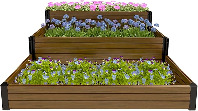 Elevated Wooden Raised Garden Planter - 3-Tier Outdoor Flower &amp Vegetable Box for Patio Backyard or Garden - Durable Weather-Resistant Design - 47.2 x 21.7 x 18.1 (Brown)