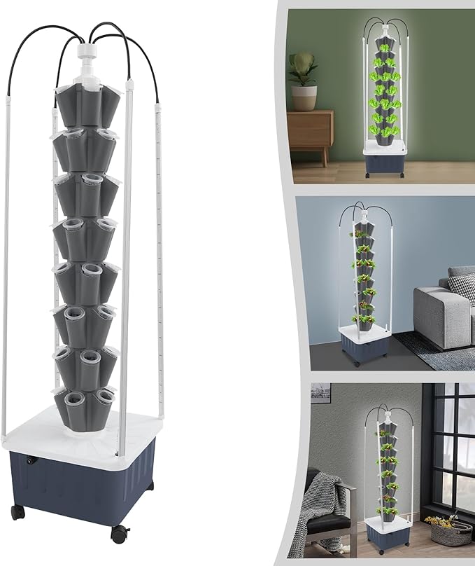 8-Layer Hydroponic Growing Tower with 40 Plant Sites &amp 4 Adjustable LED Grow Lights High-Efficiency Water Cycle System for Home School or Lab Use (Gray)