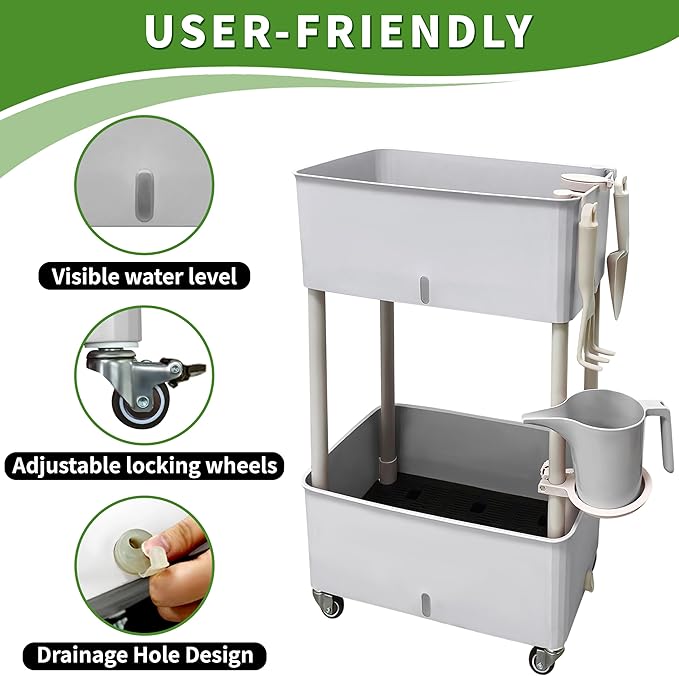 MNKXL Self-Watering Raised Planter Box with Lockable Wheels2-Tier Elevated Garden Bed with Visible Water Level WindowIndoor Outdoor Plastic Plant Box for FlowersVegetables &amp Herbs
