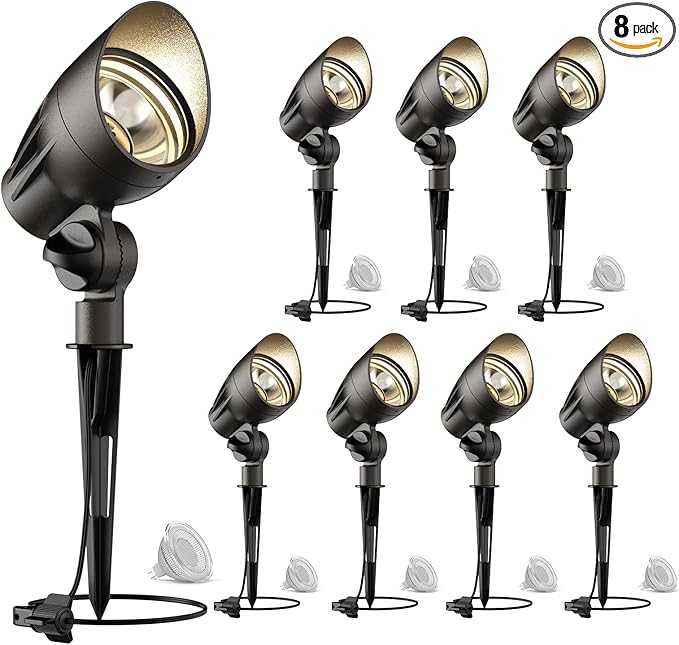 GOODSMANN Low Voltage Landscape Flood Lights 5W LED 8PK Outdoor Spotlight 2700K Warm White Replaceable LED Bulbs Outside Hardwired Lighting with Metal Stake Cable Connector Replaceable