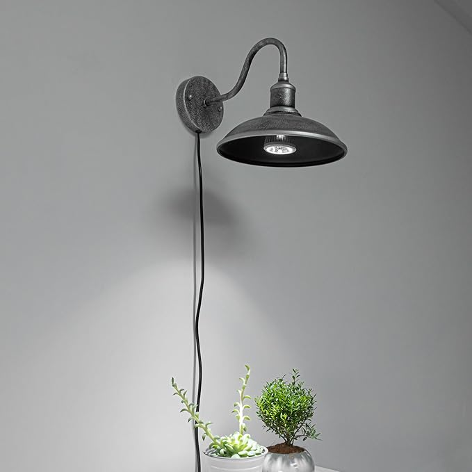 2-Pack Hook Mounted Plant Light Full Spectrum 10W White Light Timing Plug in Cord Industrial Style Sliver Waterproof Wall Lamp for Flowers Growing Indoor Plants