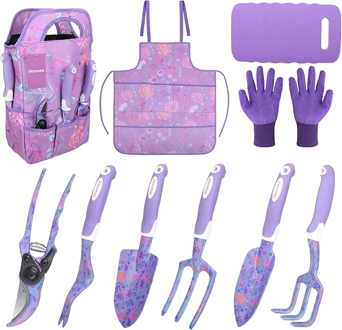 Purple Garden Tool Sets 10-Piece Aluminum Alloy Steel Hand Tools w/Non-Slip Ergonomic Handle Floral Print Garden Supplies Organizer Handbag Cute Gardening Tools Gift for Women Grandmother