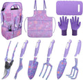 Purple Garden Tool Sets 10-Piece Aluminum Alloy Steel Hand Tools w/Non-Slip Ergonomic Handle Floral Print Garden Supplies Organizer Handbag Cute Gardening Tools Gift for Women Grandmother