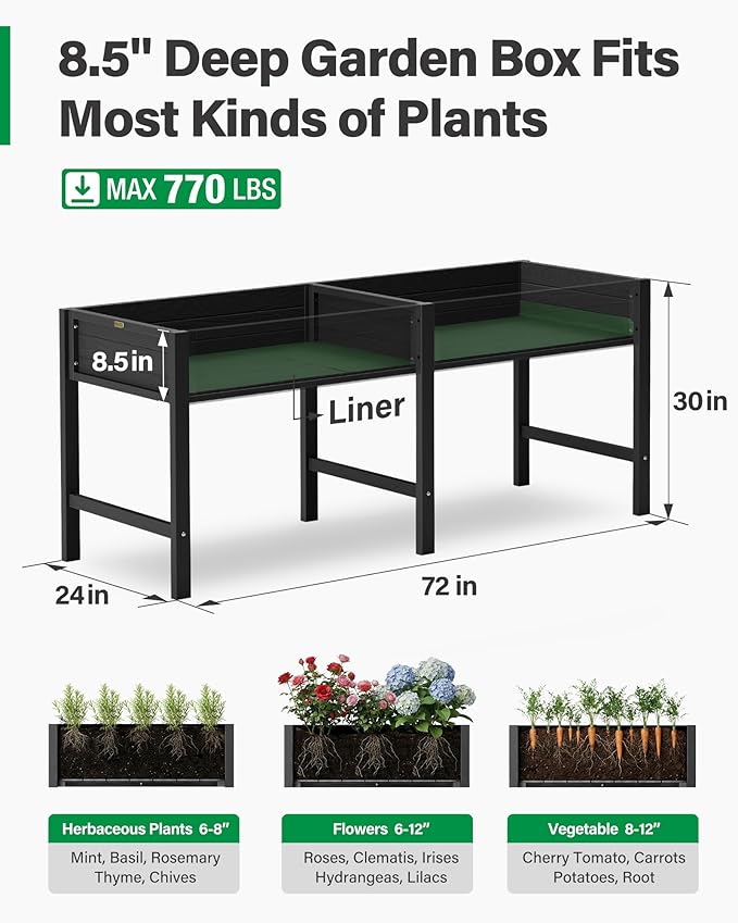 YEFU Raised Garden Bed with Legs: 72x24x30 Inch Elevated Planter Box for Herbs/Vegetables/Flowers - Waist-High UV-Resistant HIPS Material &amp Drainage Holes - 770lbs Capacity for Patio/Balcony (Blac