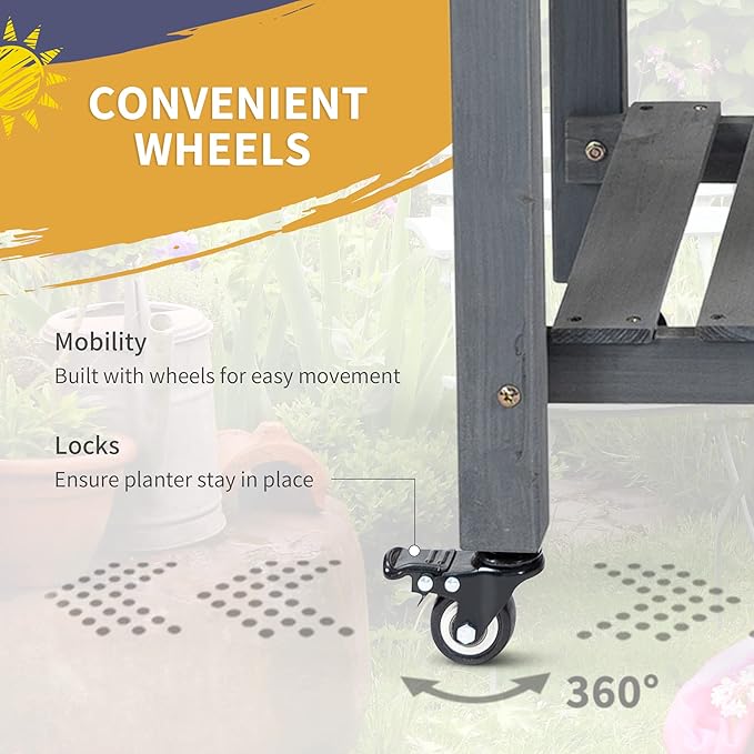 Outsunny Raised Garden Bed with 8 Grow Grids Wooden Outdoor Plant Box Stand with Folding Side Table and Wheels 49 x 21 x 34 for Vegetables Flowers Herbs Gray