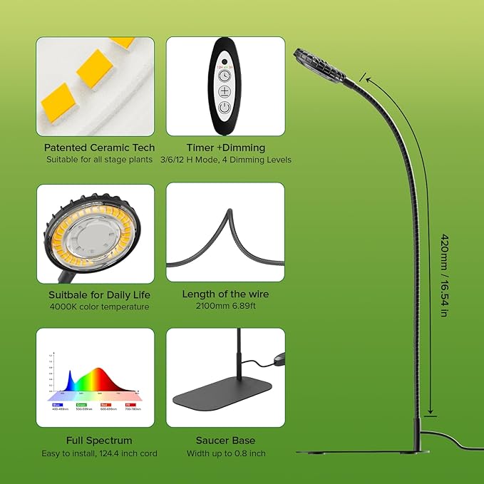 Desktop Plant Grow Light12w Growing Lamps High PpfdFull Spectrum Desk Growth Light with Automatic Timer4 Dimmable Levels（Black）