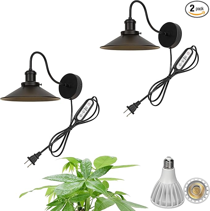 2-Pack Hook Type Wall Mounted Plant Light Full Spectrum White Light 6000K 25W Bulb Vintage Black Gooseneck Plug in Cord Timing Wall Lamp for Indoor Growing Plants