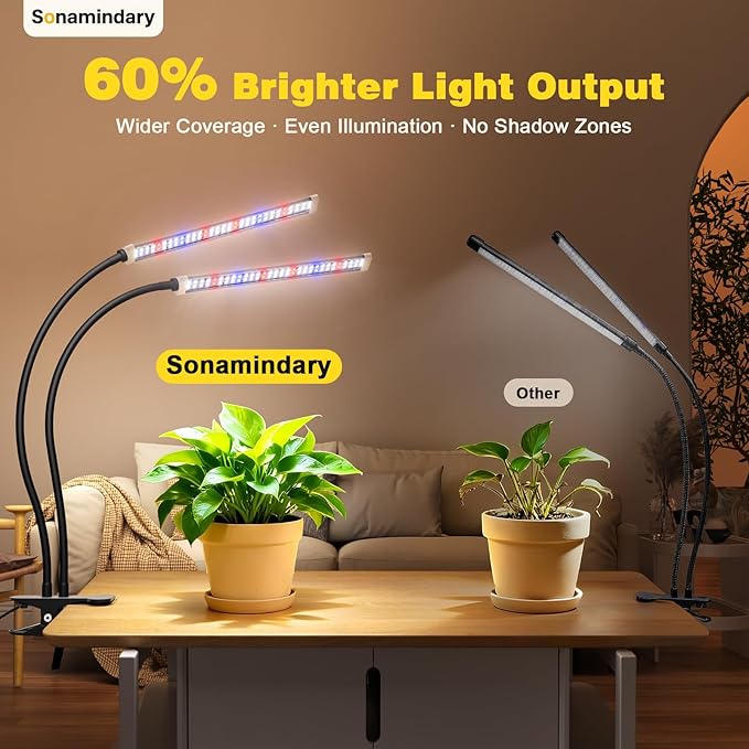 Grow Light for Indoor Plants 120 LEDs Full Spectrum 5700K Plant Lamp with Red Blue White Light 5-Level Dimmable 4/8/12H Timer Adjustable Clamp Stand(Dual Head)
