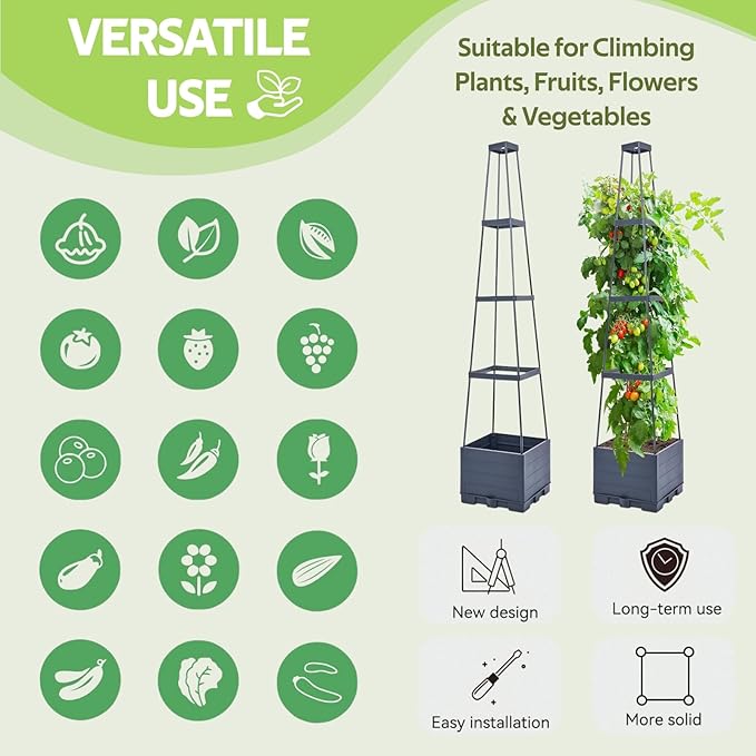 2 Pack Tomato Planter Box with Trellis for Climbing Plants Outdoor - Self Watering Raised Garden Bed Tomato Pot - 55 Tomato Cage Garden Trellis Plant Support for Vine Vegetables Herbs Flowers Indoor