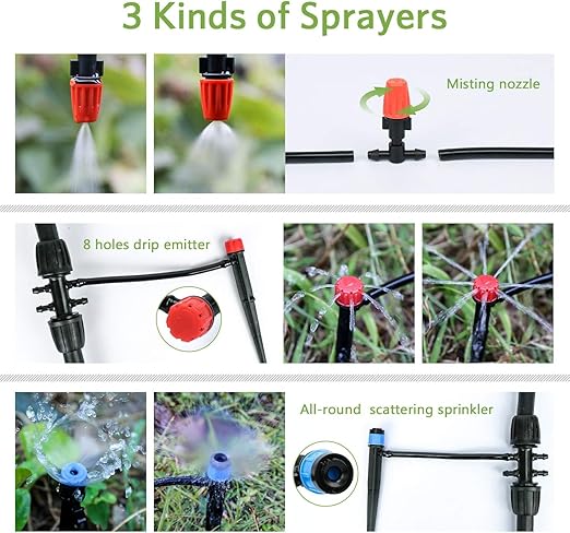 240FT Drip Irrigation System Kit Garden Watering System with 1/2 Inch Hose 1/4 Inch Distribution Tubing Nozzle Emitters and Accessories Adjustable Irrigation System for Greenhouse Yard Lawn