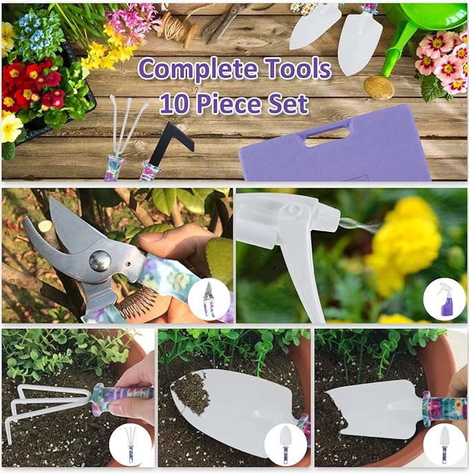 Garden Tool Sets Gardening Grandma Kid Gifts 10 Pieces Plant Hand Tool Sets with Purple Carrying Case for Men Gardener