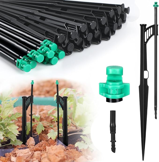 25 Pcs 12.8 Inch Drip Irrigation Stakes with 180 Degree Sprayer Emitters and Sprinkler Extension Riser 1/4 Inch Drip Line Sprinkler Support Stakes for Garden Watering SystemGreen