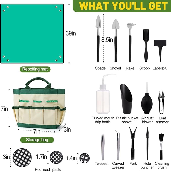 44pcs Small Gardening Tools Gifts for Women Beginners - Garden Hand Tools Set for Indoor Succulent Bonsai Plants Transplanting Included Bag/Repotting Mat/Shovel/Labels Green