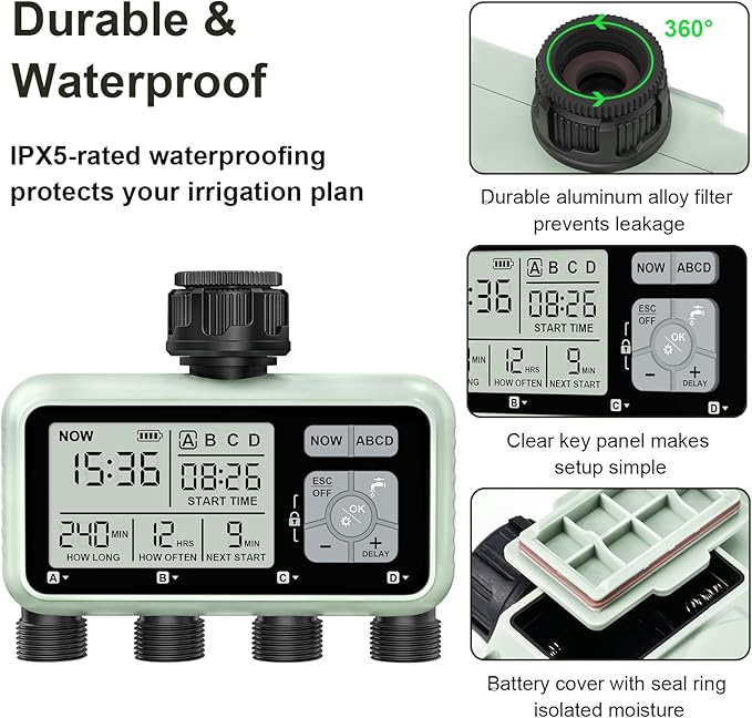 Watering Timer 4 Zone Sprinkler TimerProgrammable Garden Outdoor Hose Faucet Timer with Rain Delay/Manual/Automatic Watering SystemWater Hose Irrigation Timers 4 Outlet for Garden