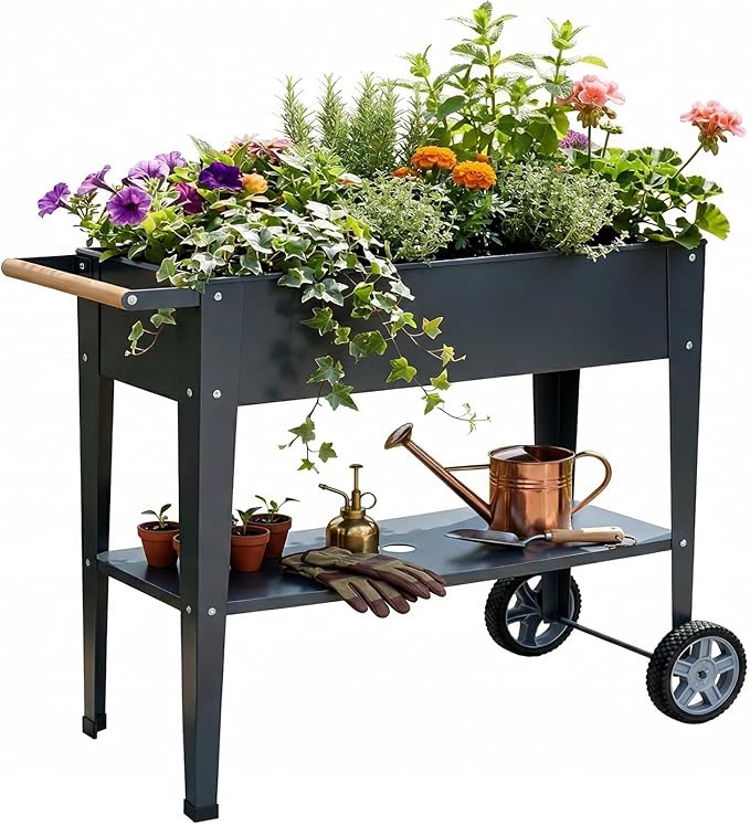 Raised Garden Bed Outdoor with Wheels &amp Legs for Mobility Solid Lower Storage Shelf &amp Wooden Handle Metal Elevated Raised Planter Box for Backyard Balcony 400lb Cap.(Light Black 36 inch)