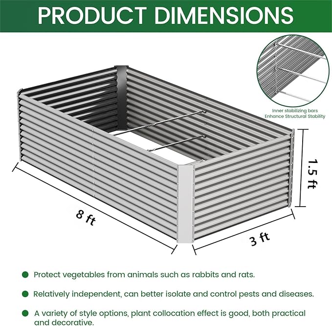 FRIZIONE 2pcs Tall 8x3x1.5ft Galvanized Raised Garden Bed OutdoorSteel Garden Bed for VegetablesAbove Ground Garden Box for FlowerMetal Raised Beds for Gardening