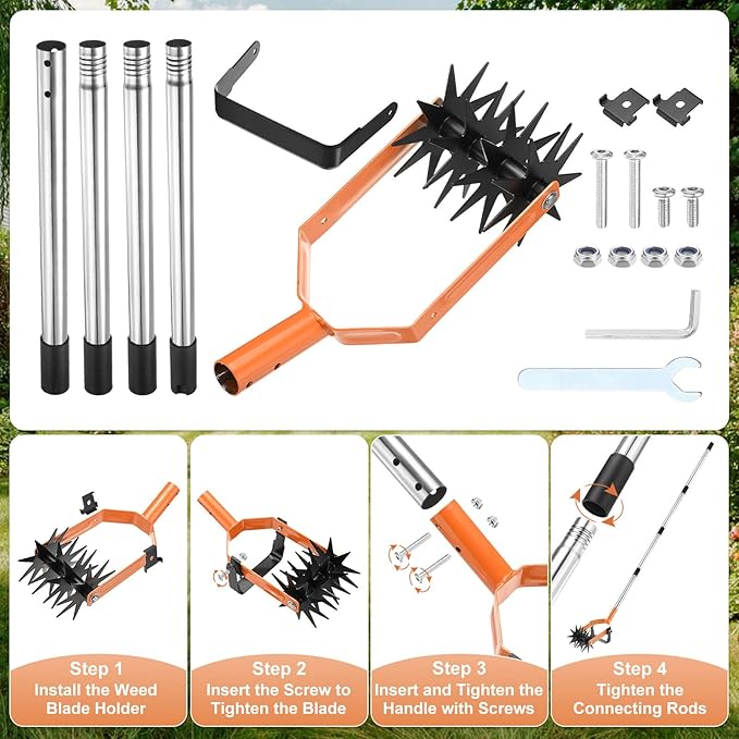 2-in-1 Rotary Cultivator Tool 72 Inch Adjustable Garden Hand Tiller with Star-Shaped Rolling Tines Weeder &amp Soil Aerator for Loosening Mixing Soil/Lawn Care/Reseeding Grass