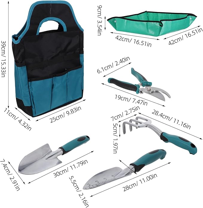 7pcs Heavy Duty Garden Tool: Garden Shovel Transplant Trowel and Hand Rake with Organizer Handbag for Planting - Gardening Essential Supplies